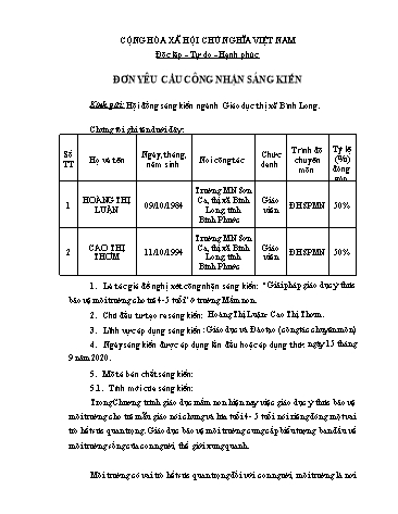 Sáng kiến kinh nghiệm Giải pháp giáo dục ý thức bảo vệ môi trường cho trẻ 4-5 tuổi ở trường Mầm non