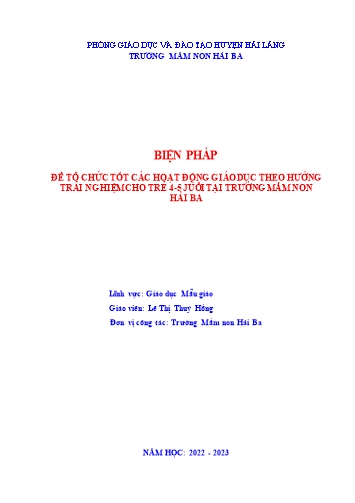 SKKN Biện pháp để tổ chức tốt các hoạt động giáo dục theo hướng trải nghiệm cho trẻ 4-5 tuổi tại trường Mầm non Hải Ba