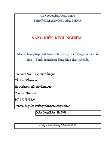 SKKN Một số biện pháp phát triển tính tích cực vận động cho trẻ mẫu giáo 4-5 tuổi trong hoạt động Giáo dục thể chất