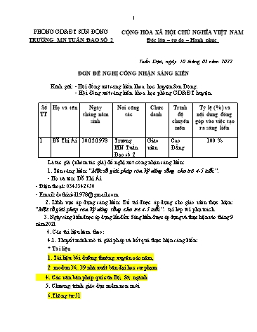 SKKN Một số giải pháp rèn kỹ năng sống cho trẻ 4-5 tuổi khu chính Trường Mầm non Tuấn Đạo số 2