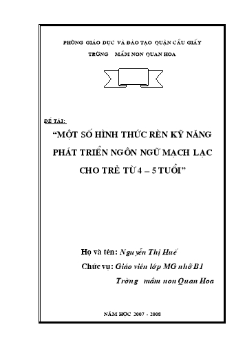 SKKN Một số hình thức rèn luyện kỹ năng phát triển ngôn ngôn ngữ mạch lạc cho trẻ mẫu giáo 4-5 tuổi